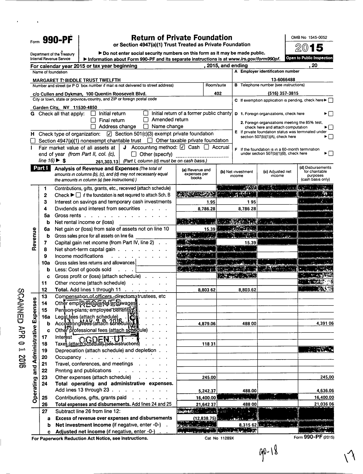 Image of first page of 2015 Form 990PF for Margaret T Biddle Trust Twelfth