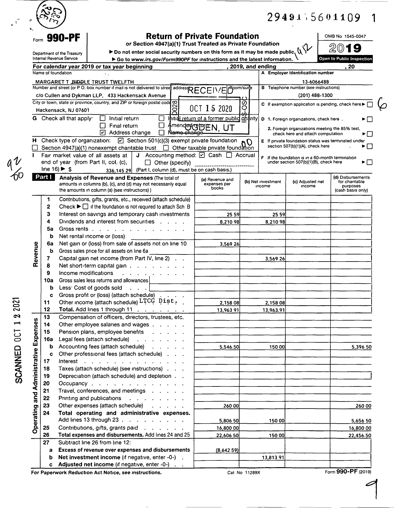 Image of first page of 2019 Form 990PF for Margaret T Biddle Trust Twelfth