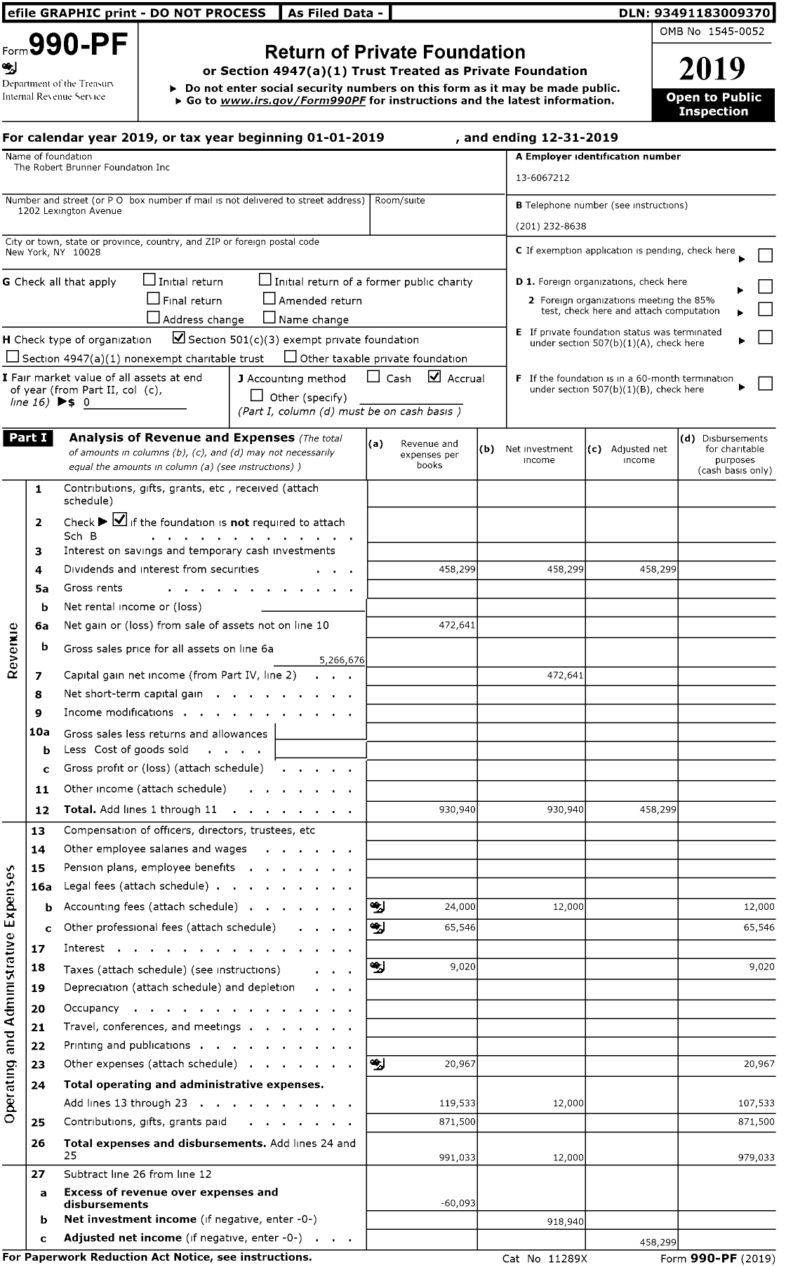 Image of first page of 2019 Form 990PR for The Robert Brunner Foundation