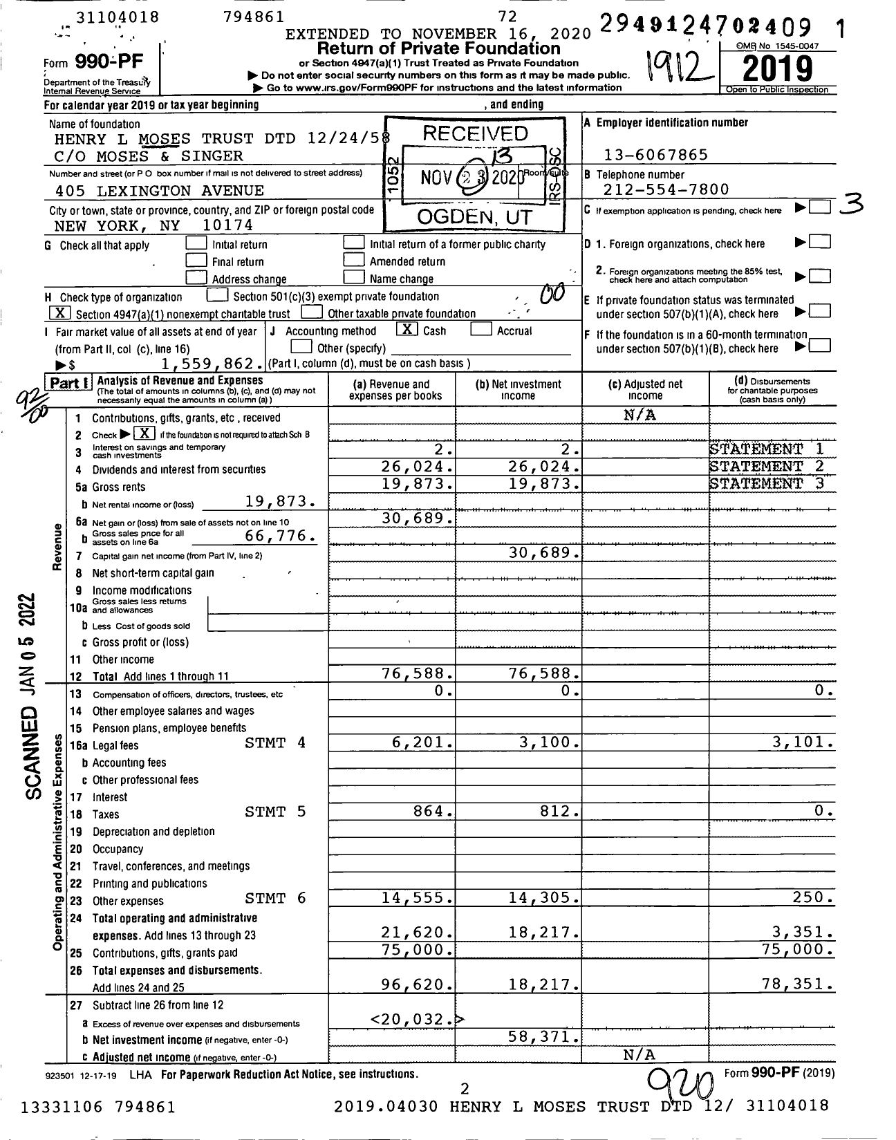 Image of first page of 2019 Form 990PF for Henry L Moses Trust DTD 12-24-58