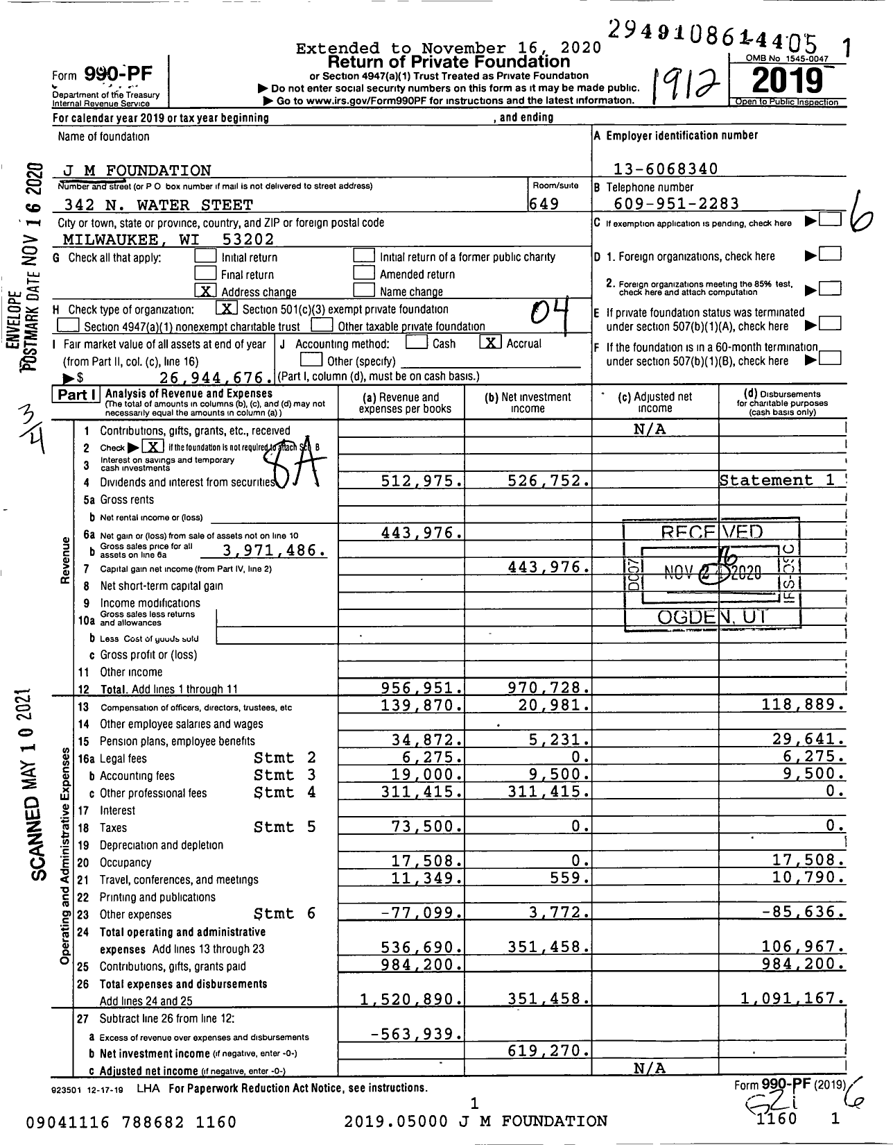 Image of first page of 2019 Form 990PF for J M Foundation