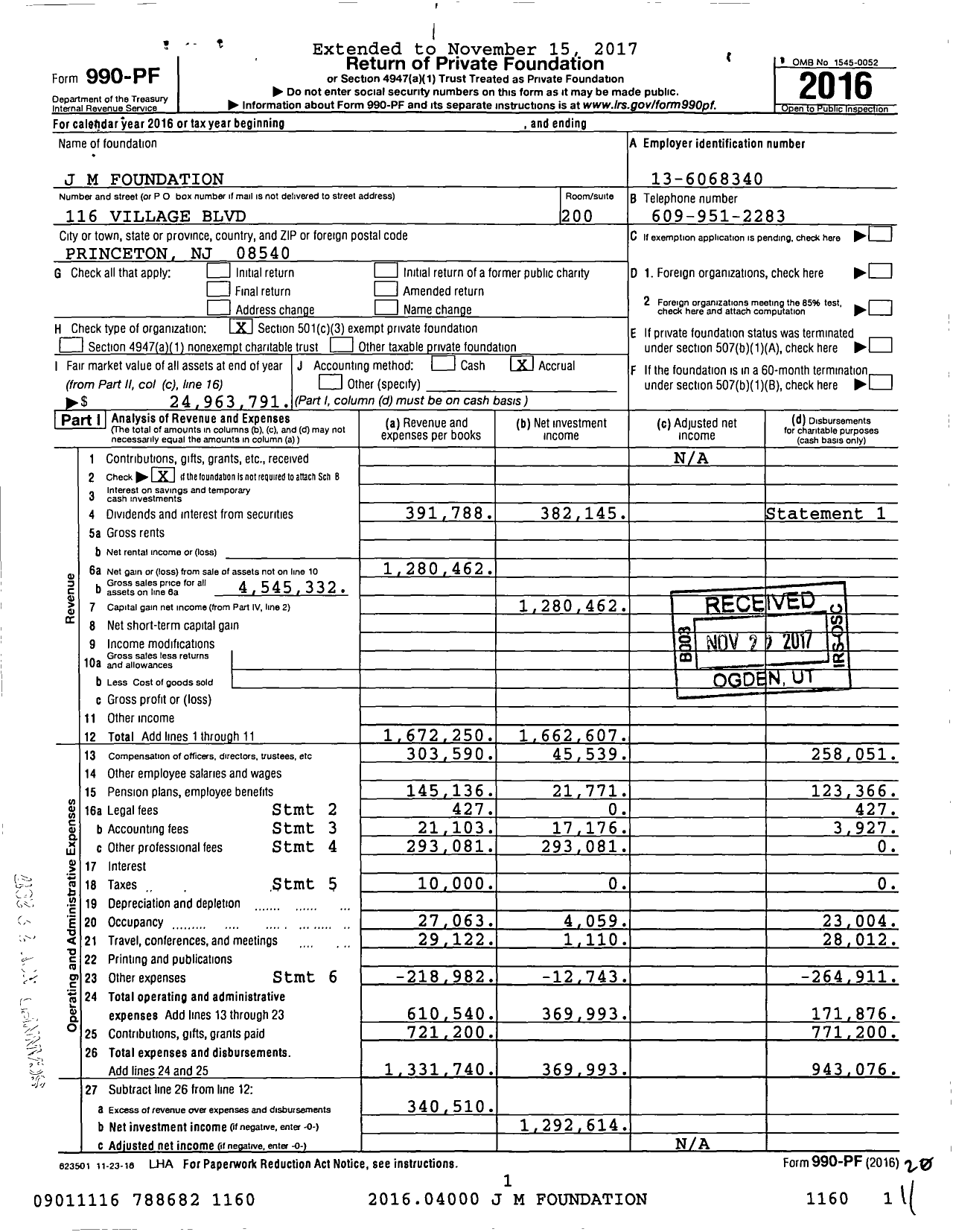 Image of first page of 2016 Form 990PF for J M Foundation