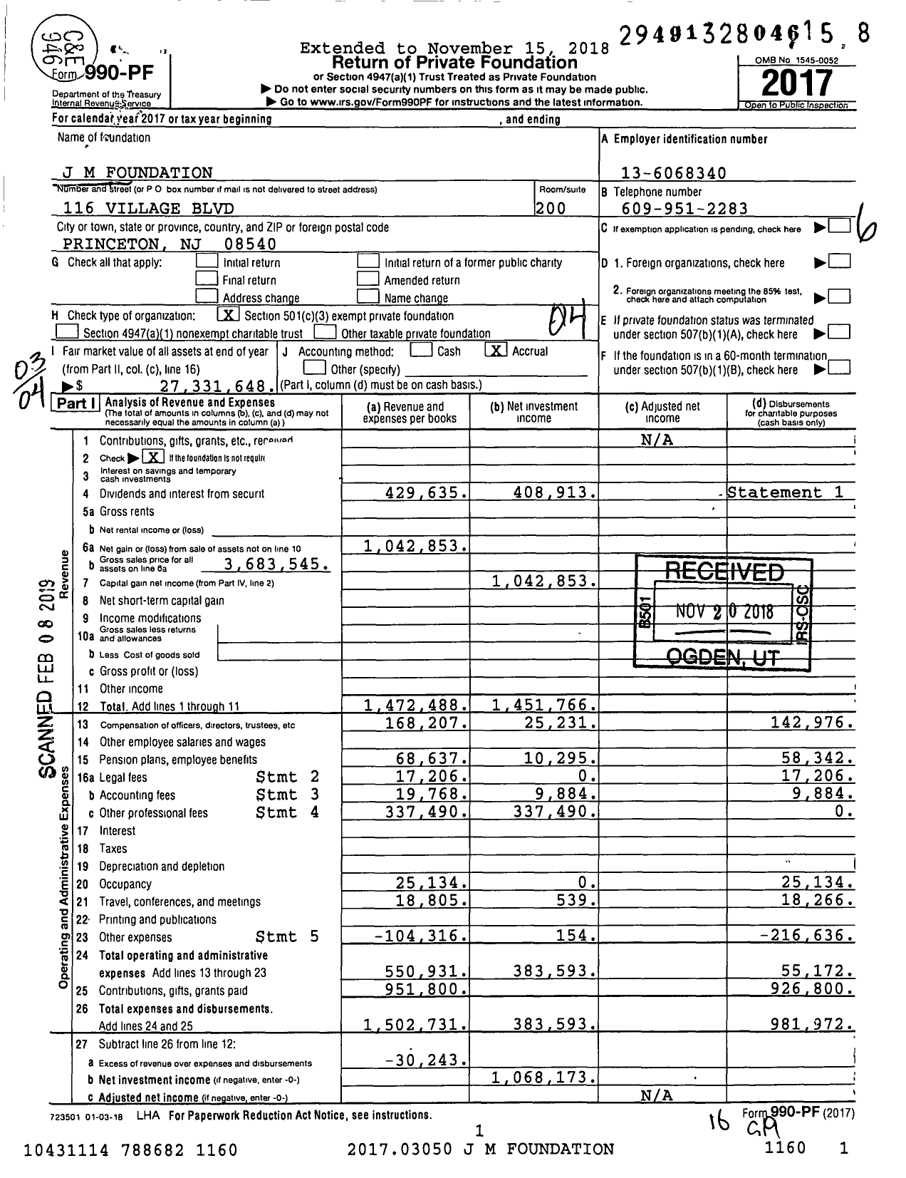 Image of first page of 2017 Form 990PF for J M Foundation