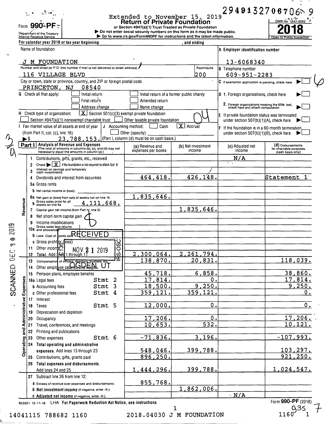 Image of first page of 2018 Form 990PF for J M Foundation