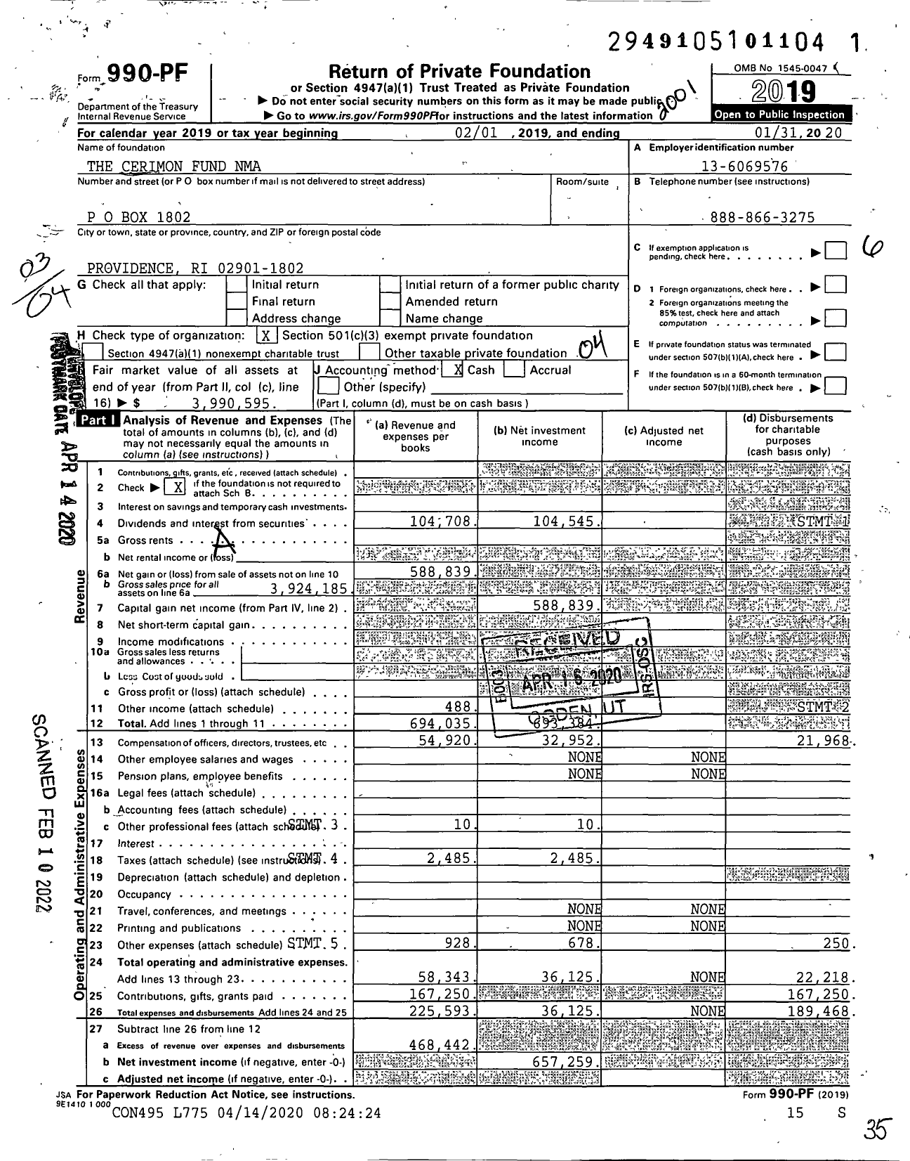 Image of first page of 2019 Form 990PF for The Cerimon Fund Nma