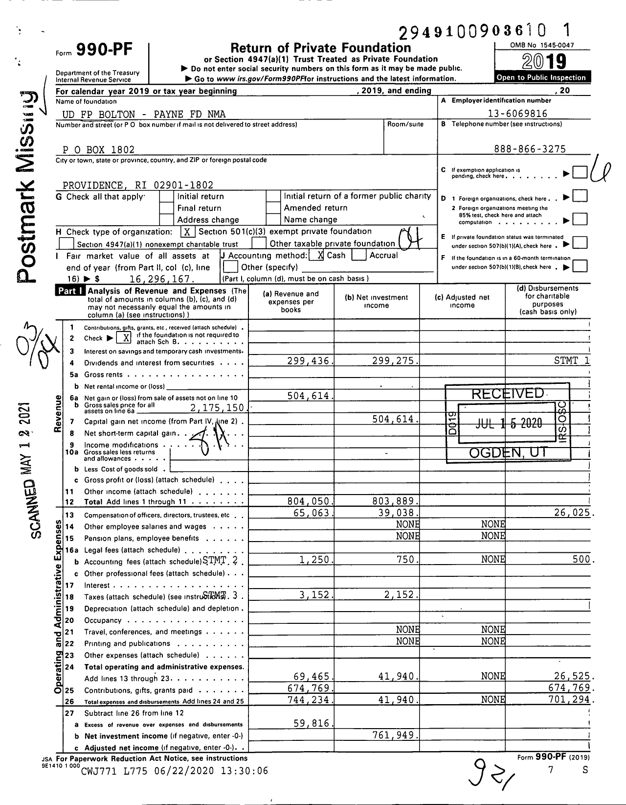 Image of first page of 2019 Form 990PF for Ud FP Bolton - Payne FD Nma