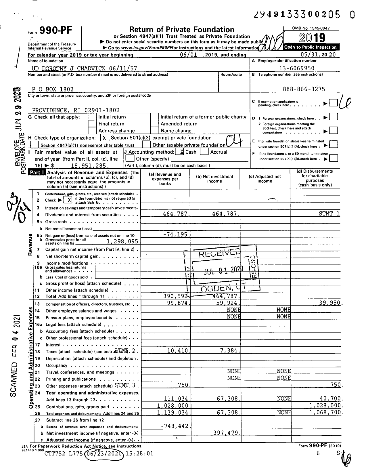 Image of first page of 2019 Form 990PF for Ud Dorothy J Chadwick 061157