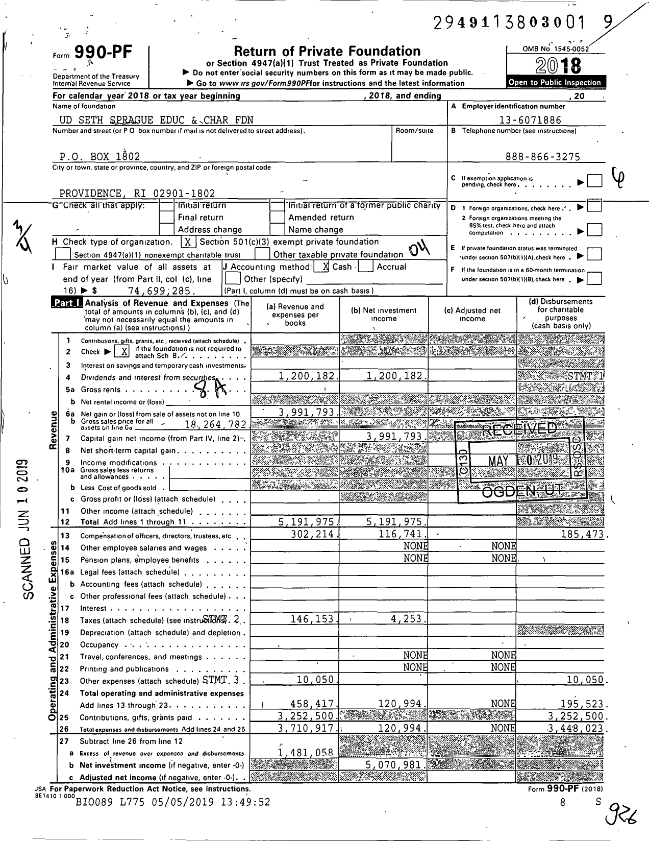 Image of first page of 2018 Form 990PF for Ud Seth Sprague Educ and Char Foundation