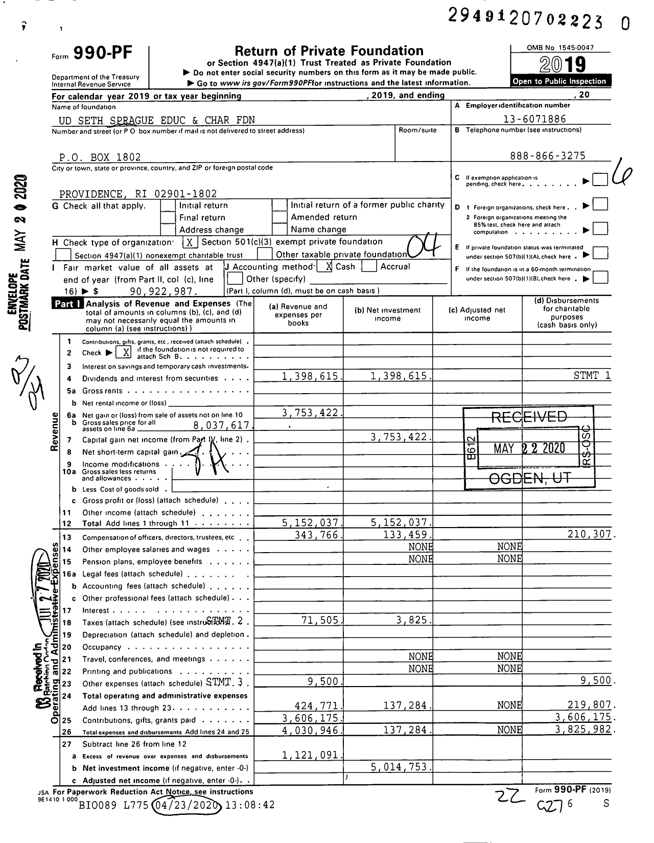 Image of first page of 2019 Form 990PR for Ud Seth Sprague Educ and Char Foundation