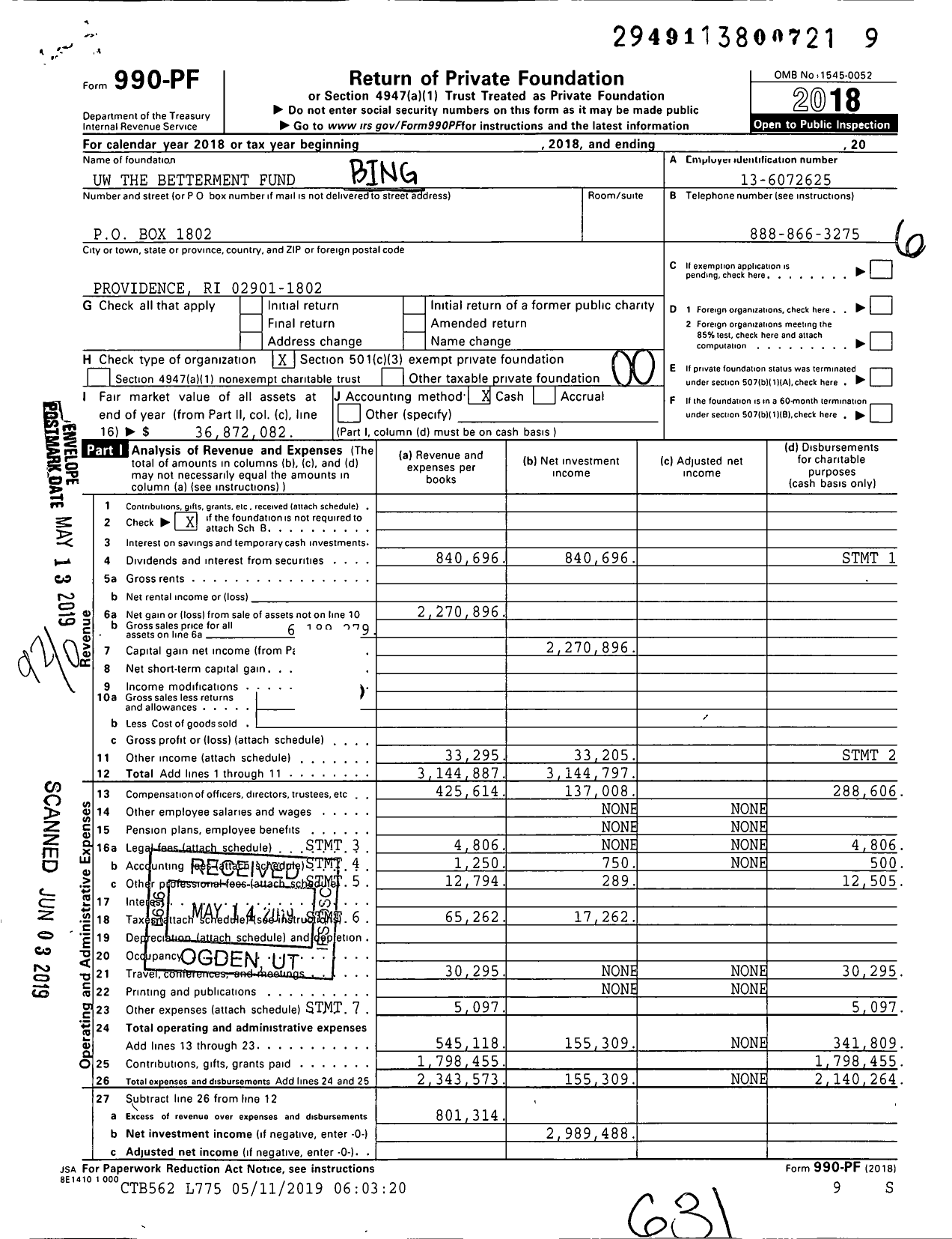 Image of first page of 2018 Form 990PF for Uw the Betterment Fund