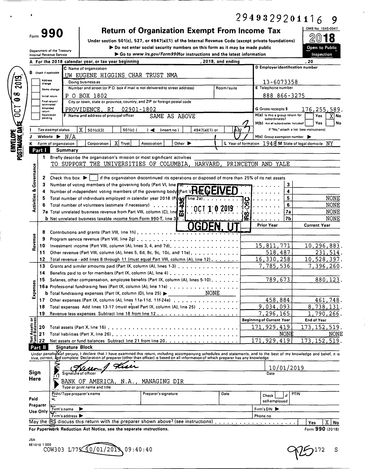 Image of first page of 2018 Form 990 for UW Eugene Higgins Charity Trust
