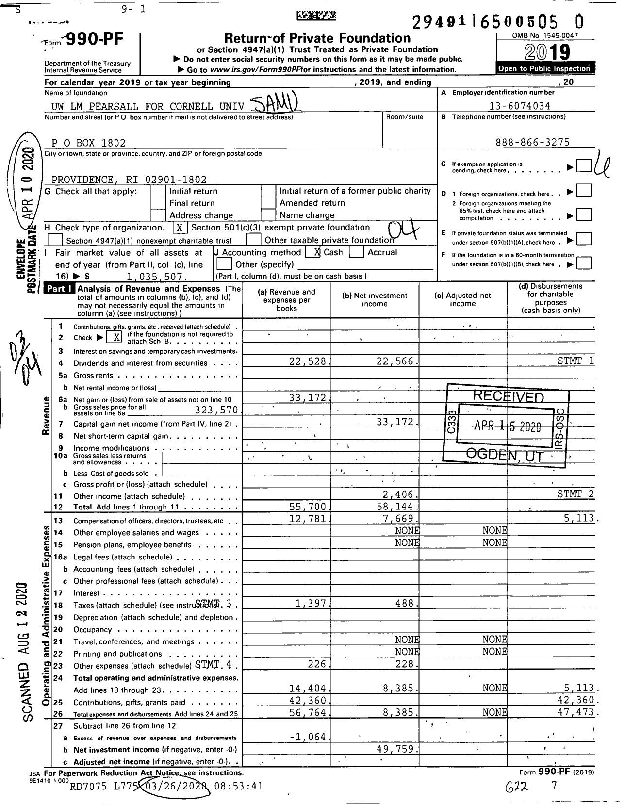 Image of first page of 2019 Form 990PR for Samuel and Lilian M Pearsall