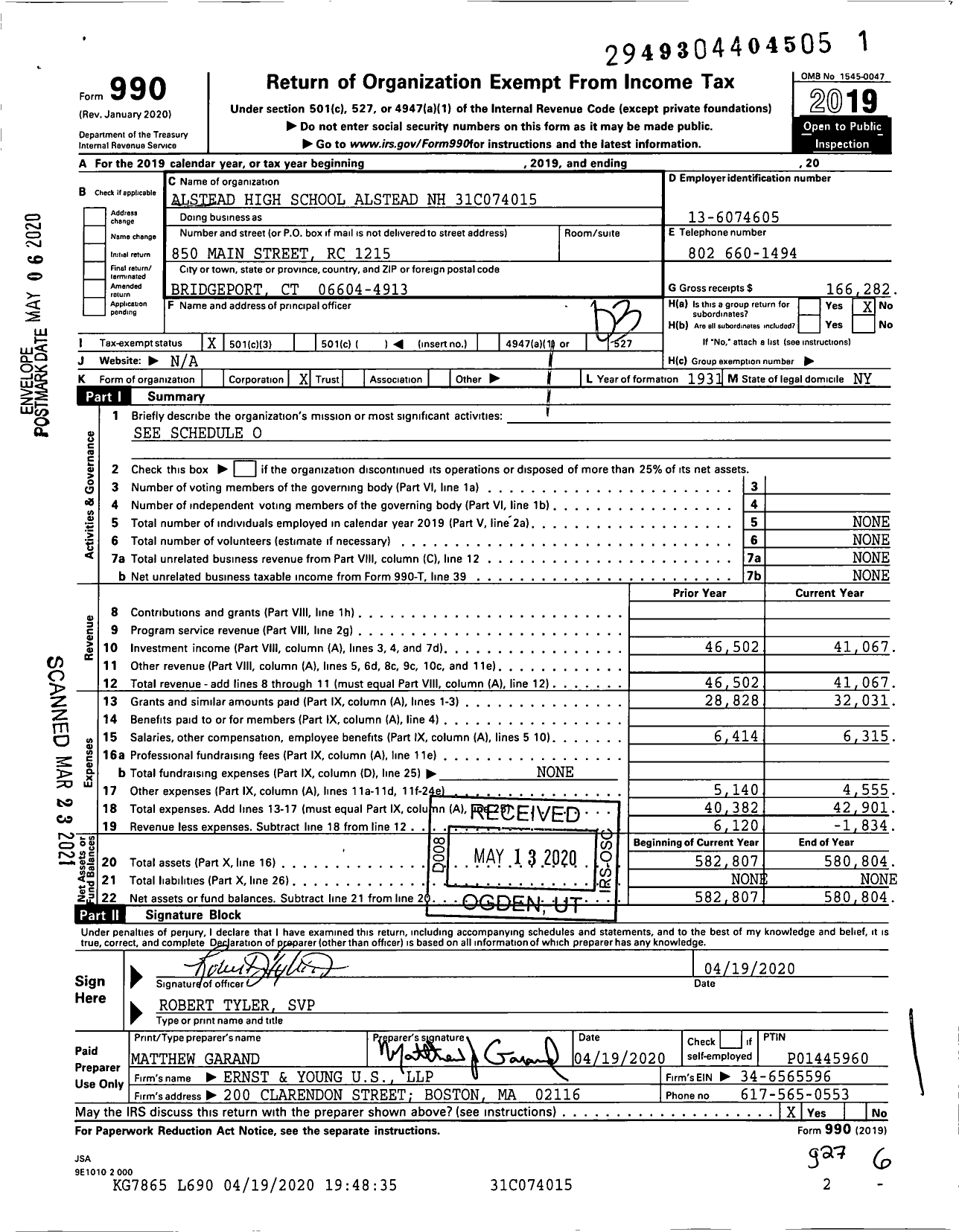 Image of first page of 2019 Form 990 for Alstead High School Alstead NH