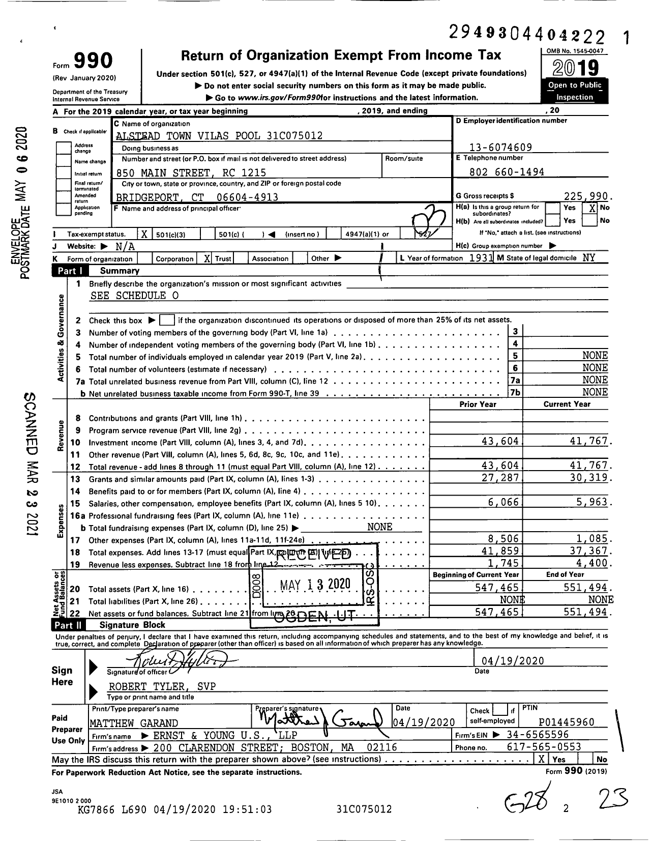 Image of first page of 2019 Form 990 for Alstead Town Vilas Pool