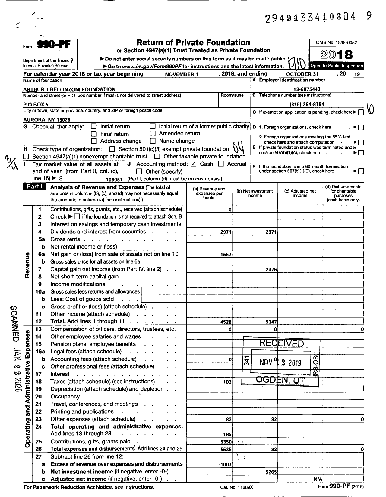 Image of first page of 2018 Form 990PF for Arthur J Bellinzoni Foundation