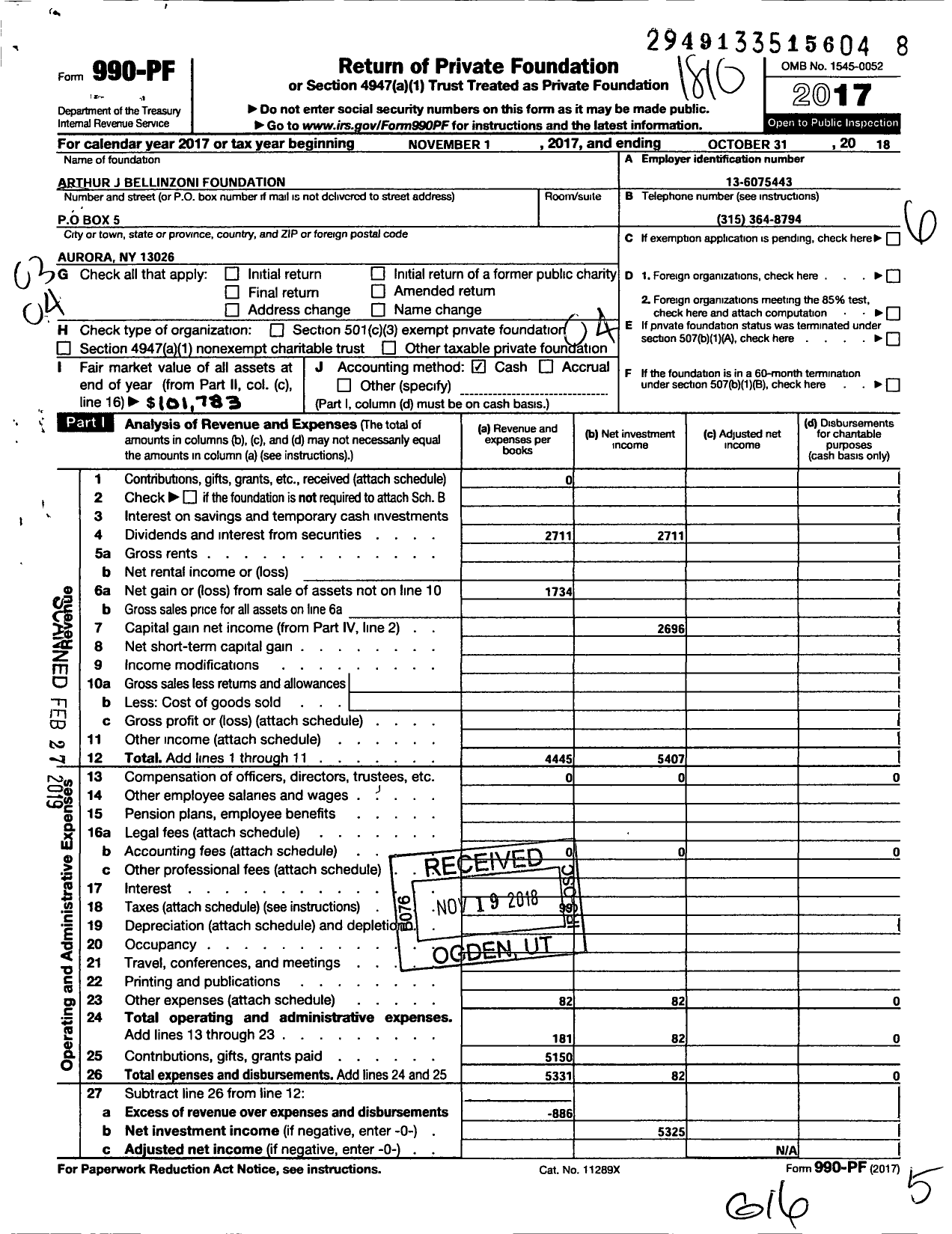 Image of first page of 2017 Form 990PF for Arthur J Bellinzoni Foundation