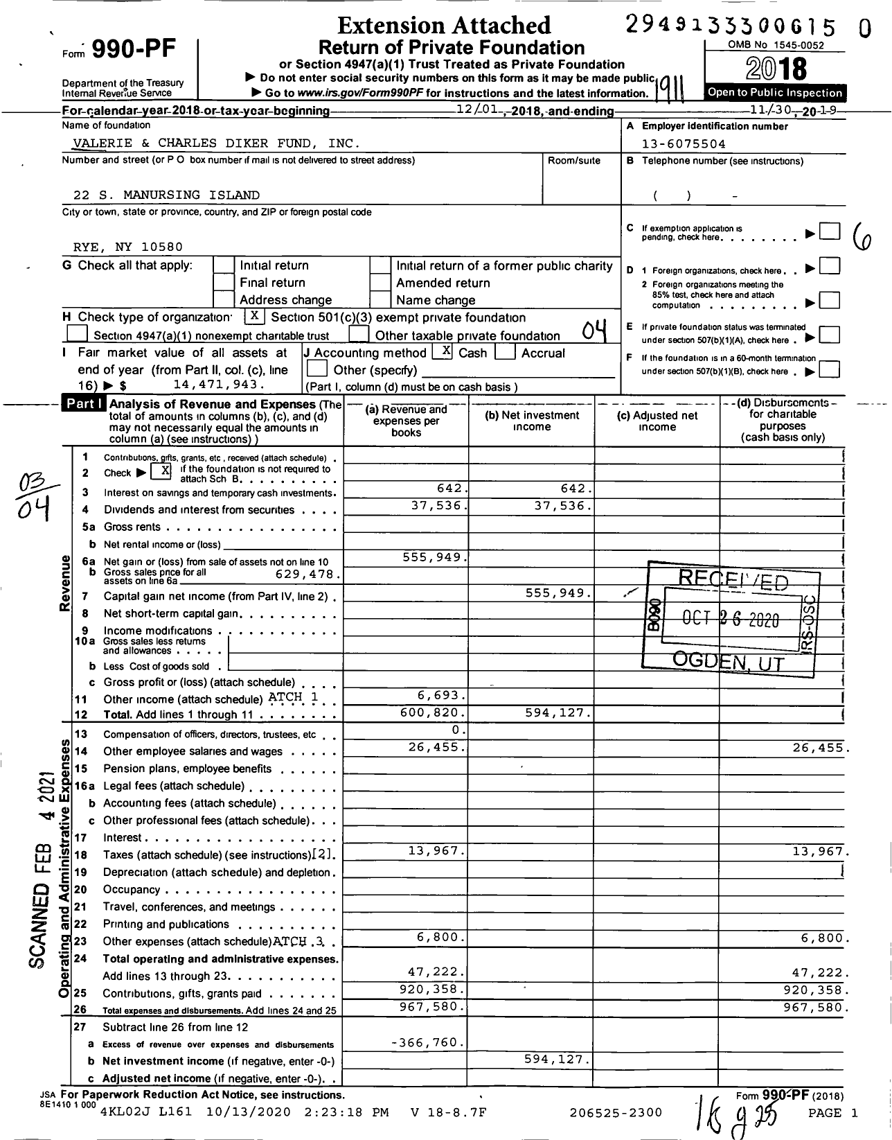 Image of first page of 2018 Form 990PF for Valerie and Charles Diker Fund