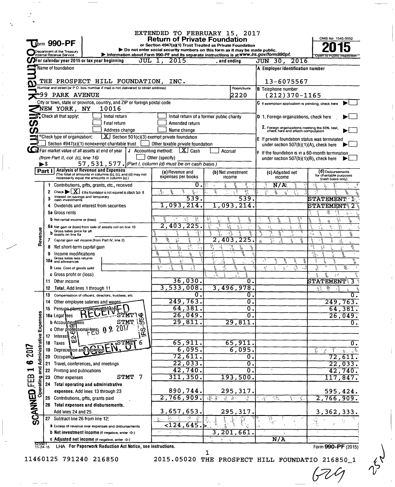 Image of first page of 2015 Form 990PF for Prospect Hill Foundation