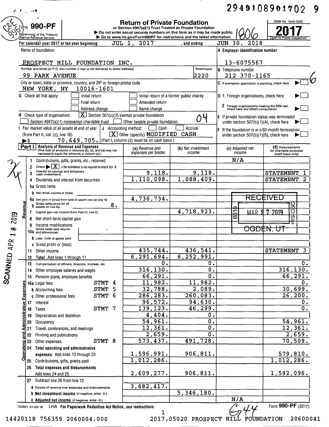 Image of first page of 2017 Form 990PF for Prospect Hill Foundation