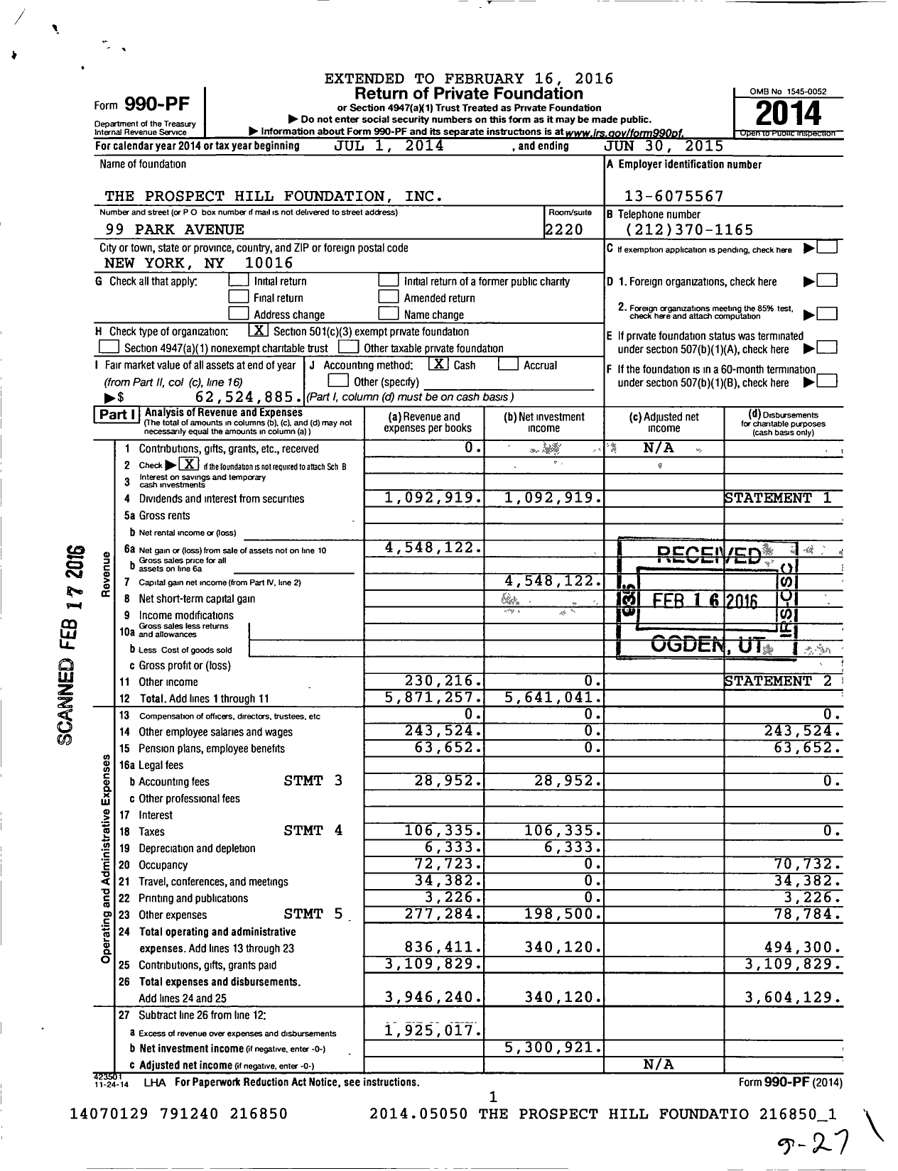 Image of first page of 2014 Form 990PF for Prospect Hill Foundation