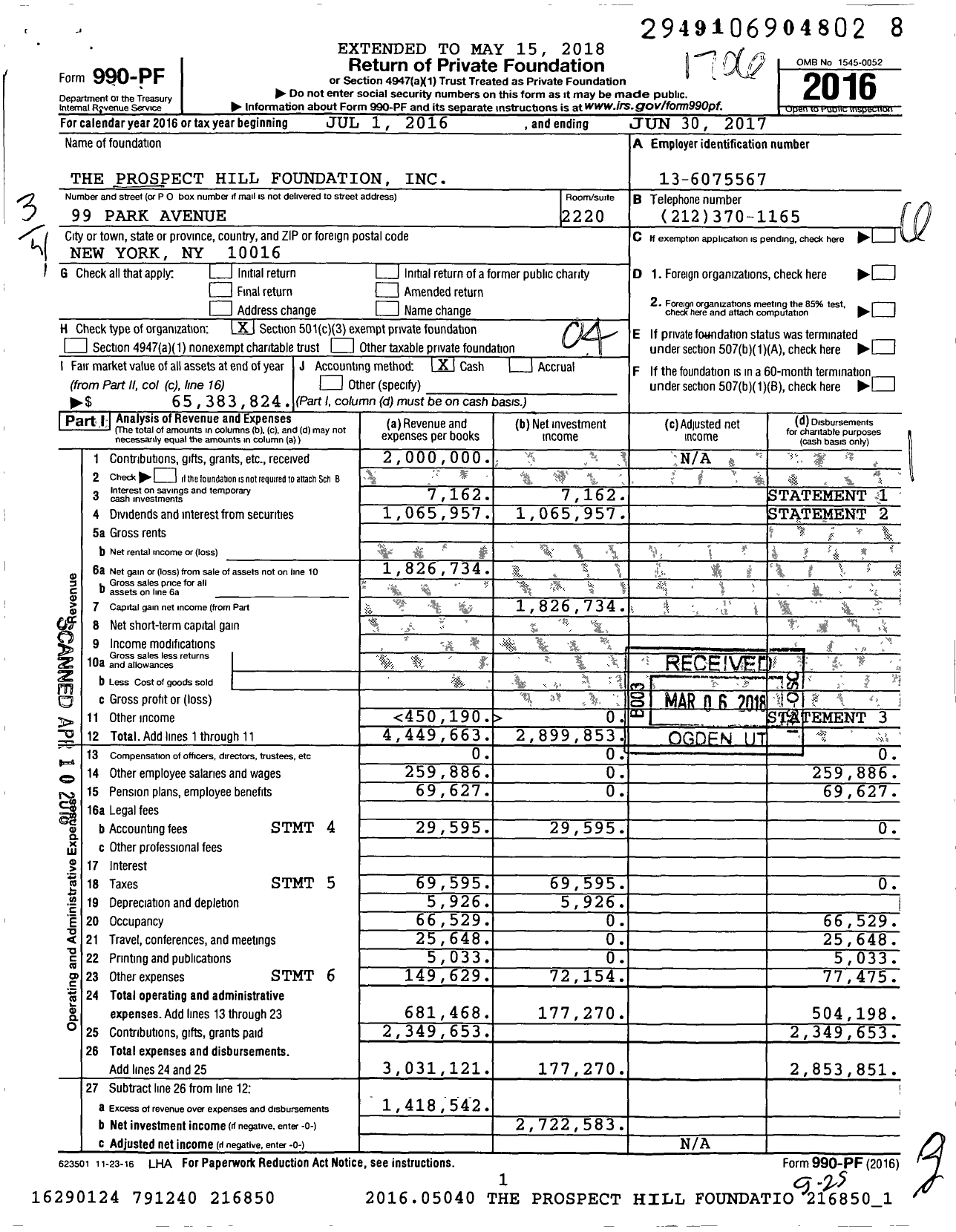 Image of first page of 2016 Form 990PF for Prospect Hill Foundation