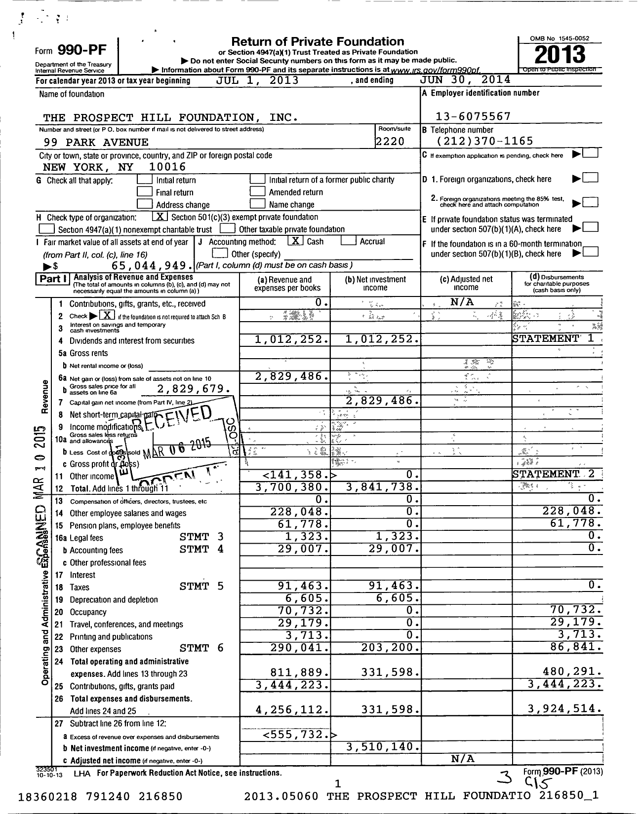 Image of first page of 2013 Form 990PF for Prospect Hill Foundation