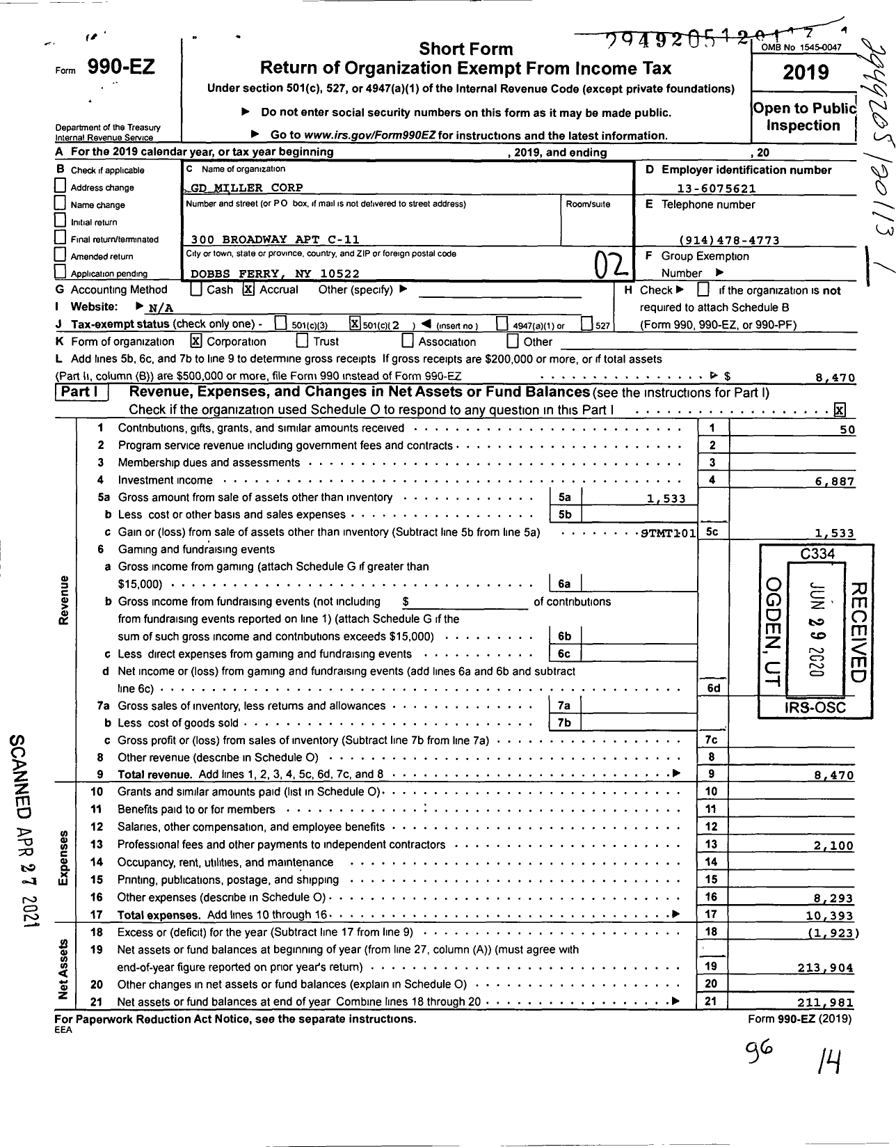 Image of first page of 2019 Form 990EO for GD Miller Corporation