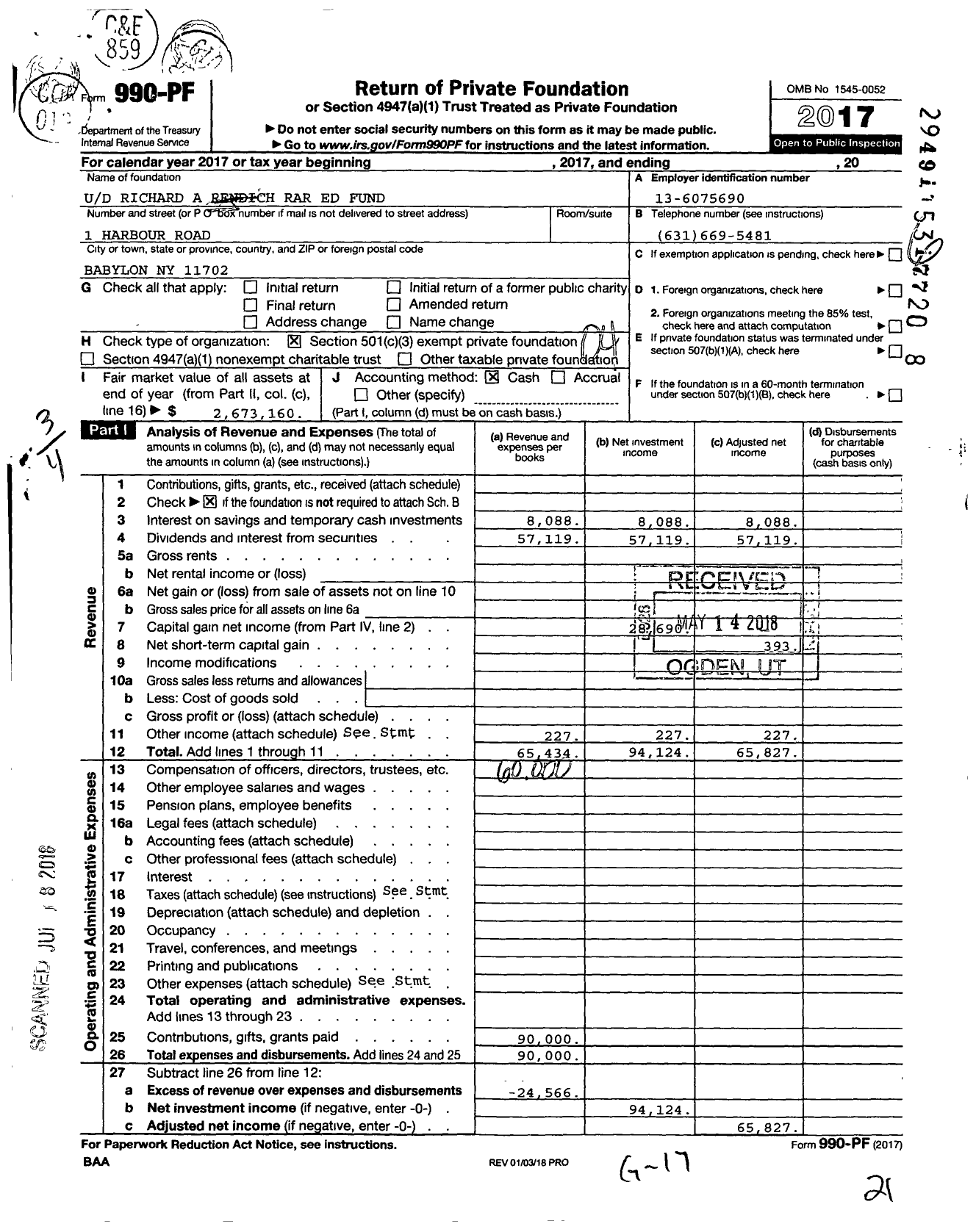 Image of first page of 2017 Form 990PF for Ud Richard A Rendich Rar Ed Fund