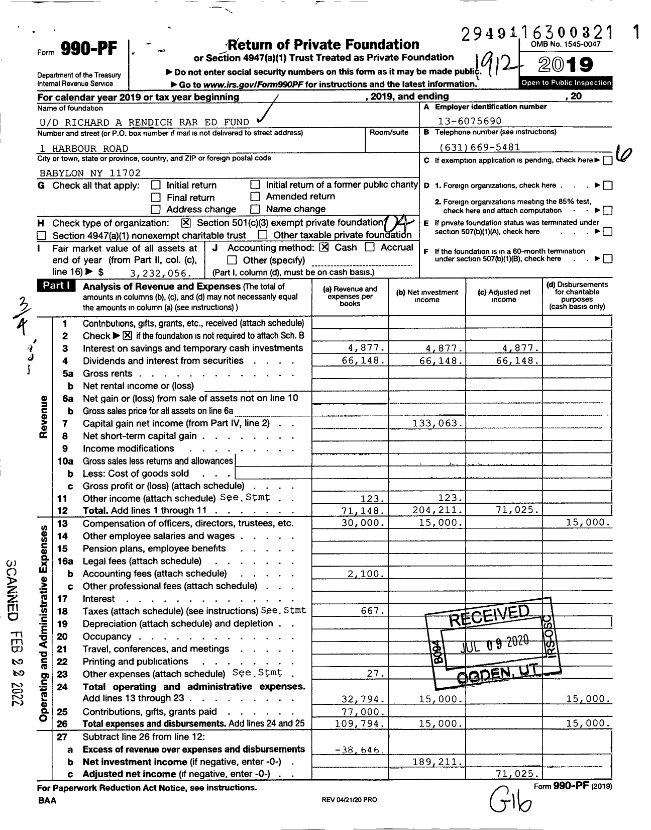 Image of first page of 2019 Form 990PF for Ud Richard A Rendich Rar Ed Fund