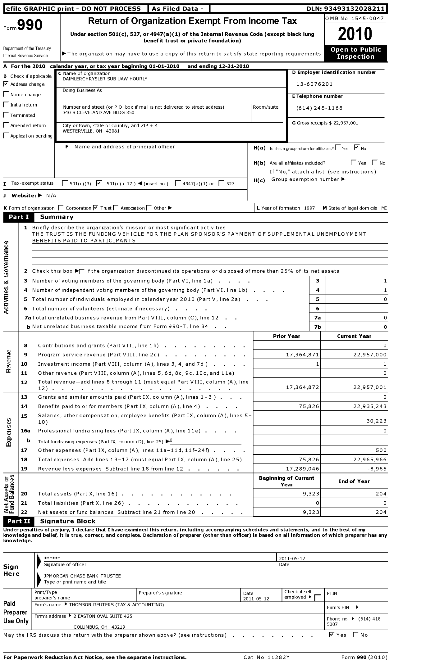 Image of first page of 2010 Form 990O for Chrysler Corporation Uaw Supplemental