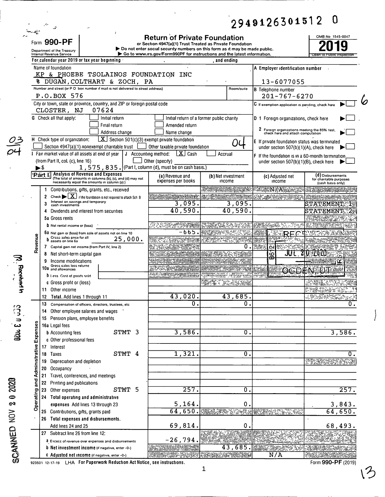 Image of first page of 2019 Form 990PF for The KP and Phoebe Tsolainos Foundation