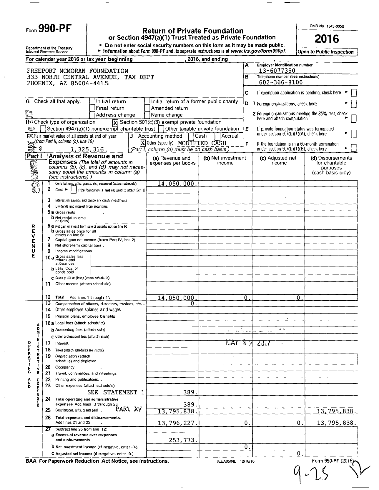 Image of first page of 2016 Form 990PF for Freeport Mcmoran Foundation