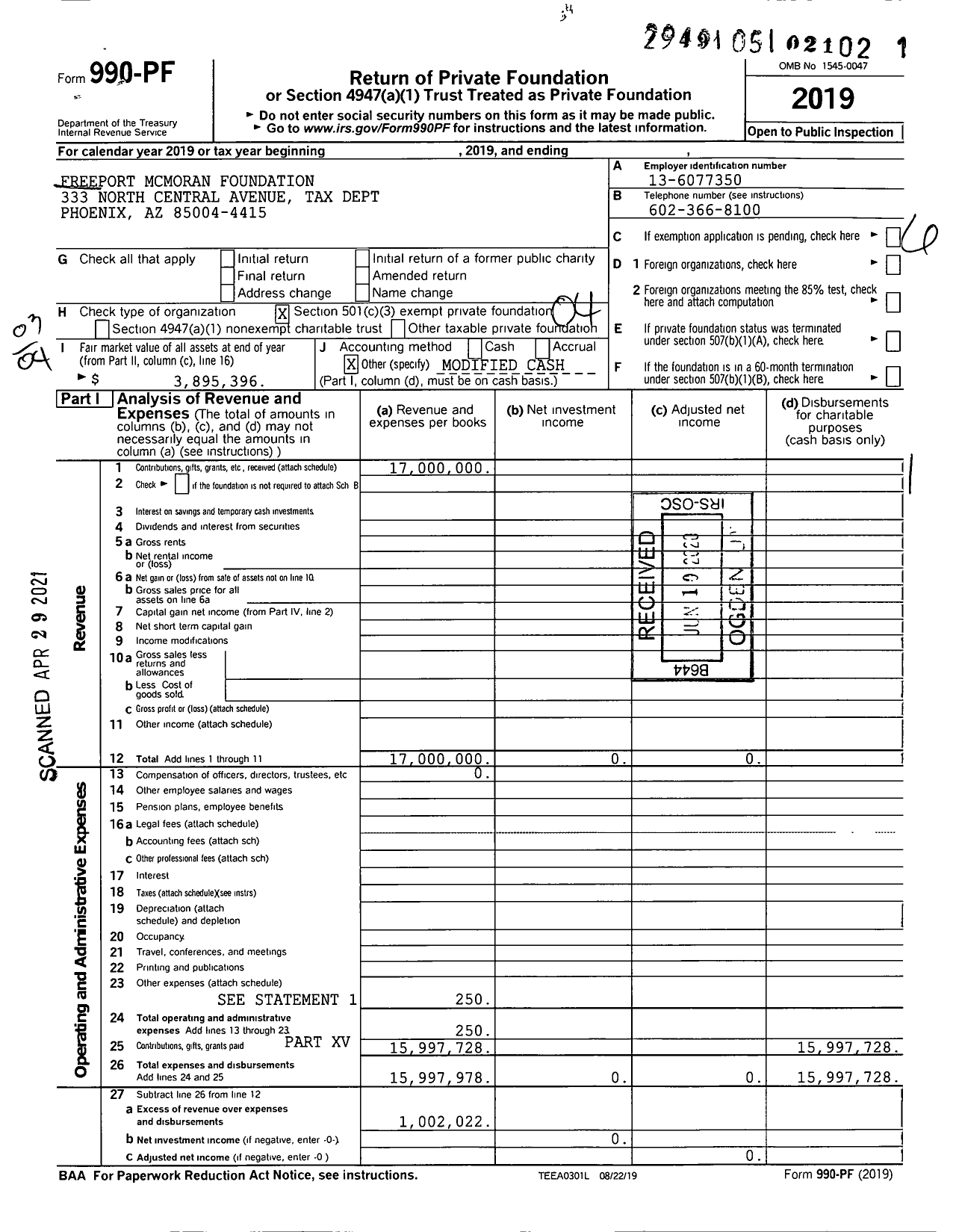 Image of first page of 2019 Form 990PF for Freeport Mcmoran Foundation