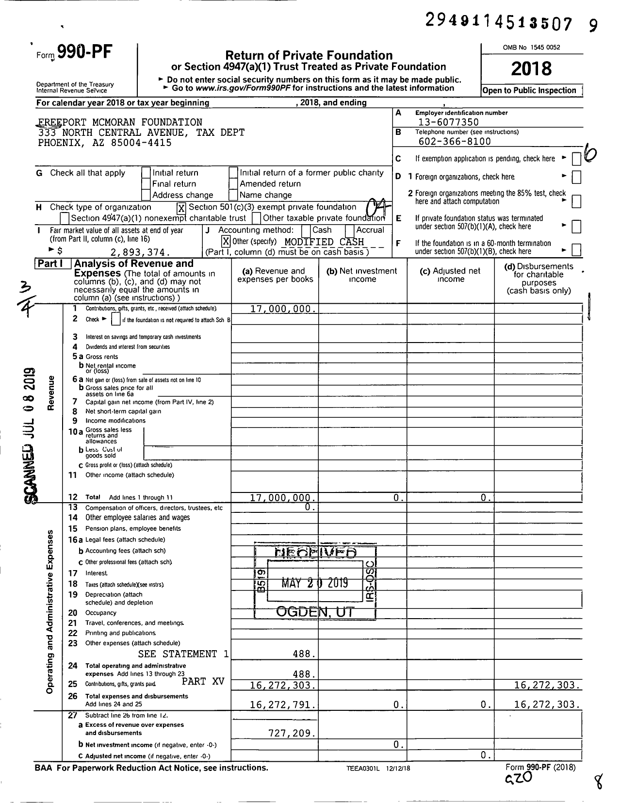 Image of first page of 2018 Form 990PF for Freeport Mcmoran Foundation