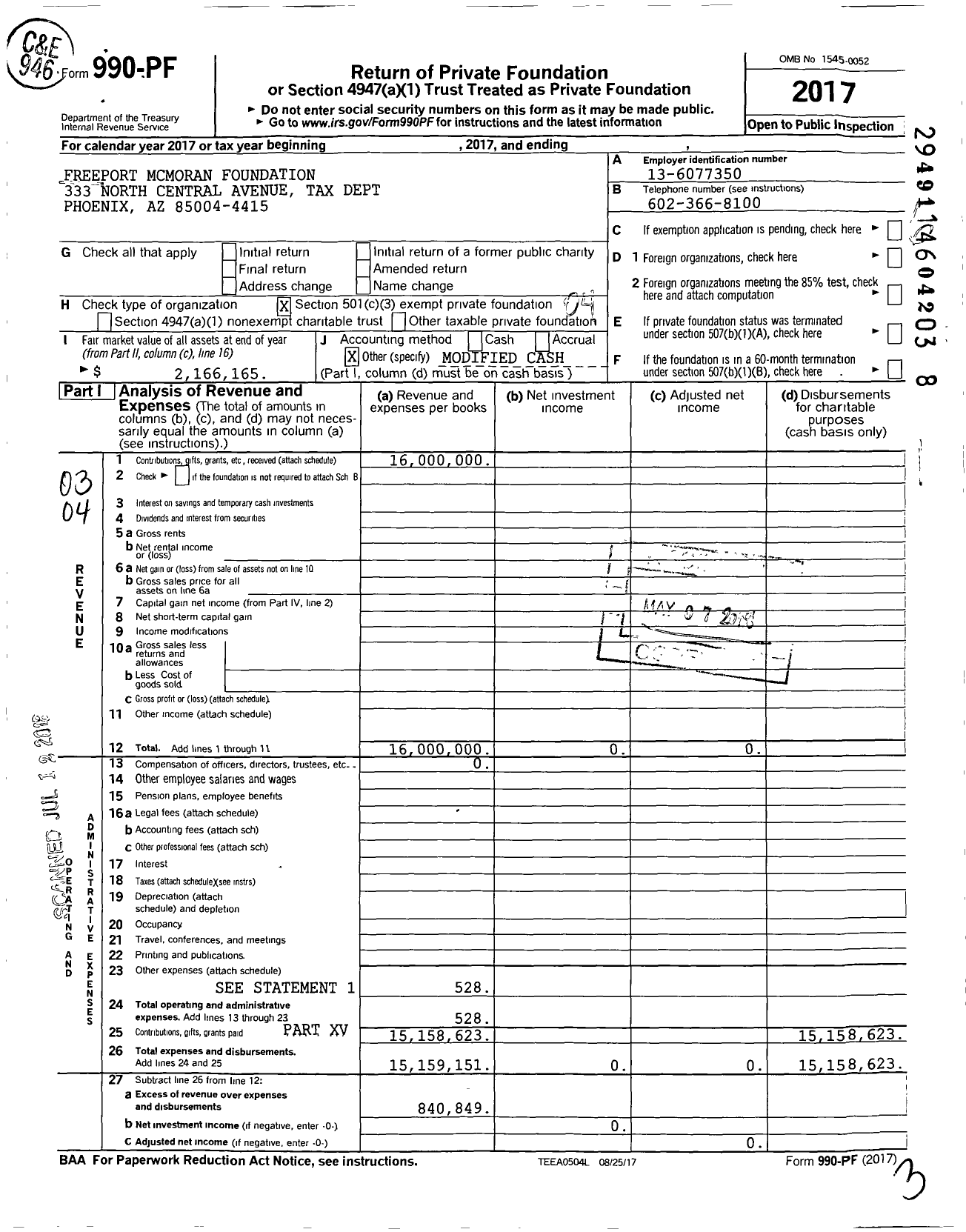Image of first page of 2017 Form 990PF for Freeport Mcmoran Foundation
