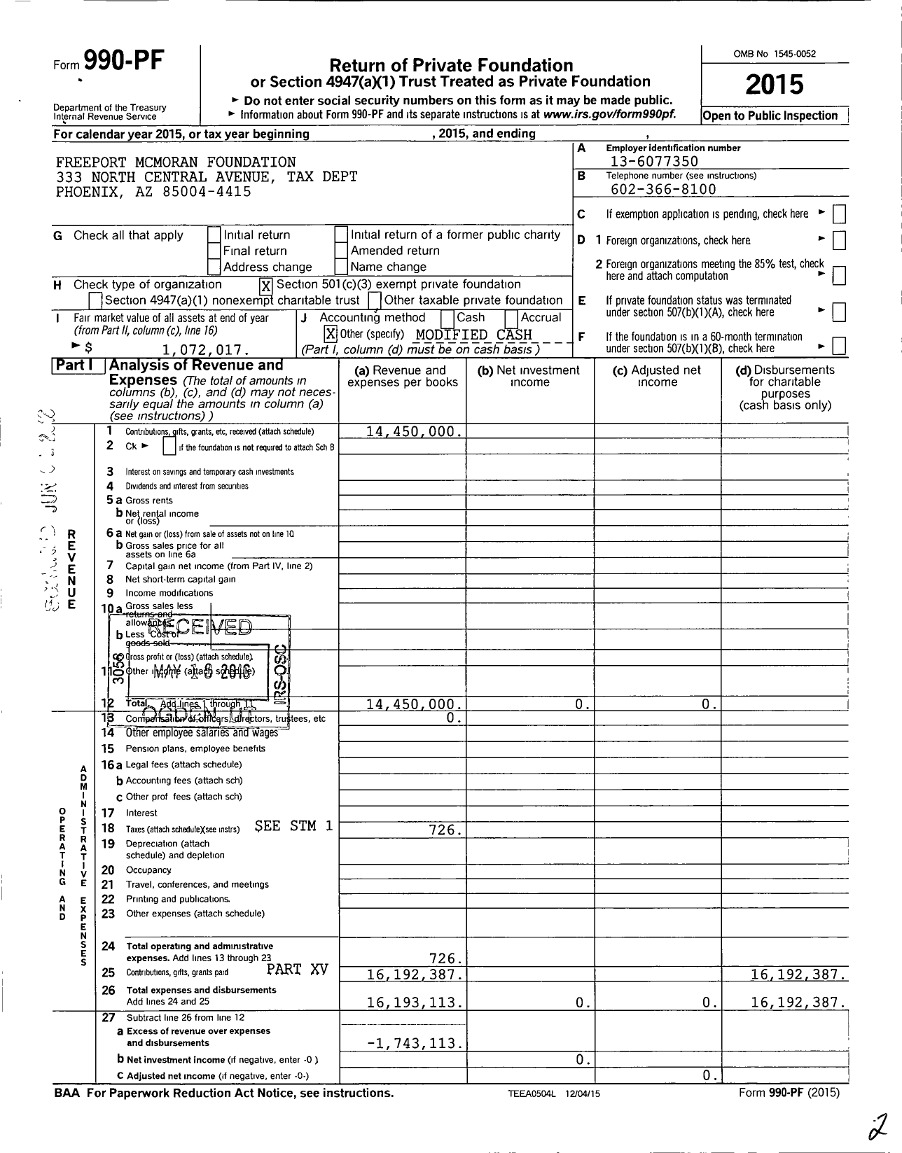 Image of first page of 2015 Form 990PF for Freeport Mcmoran Foundation