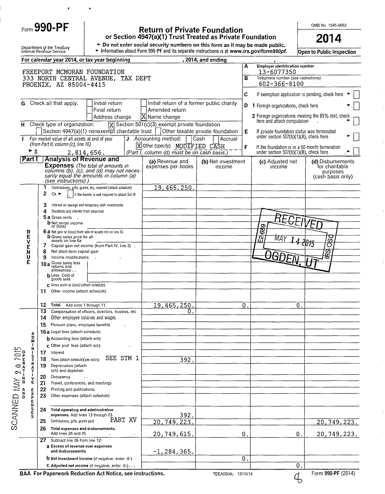 Image of first page of 2014 Form 990PF for Freeport Mcmoran Foundation