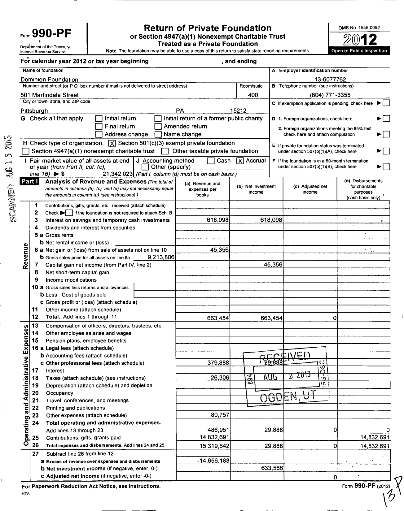 Image of first page of 2012 Form 990PF for Dominion Foundation
