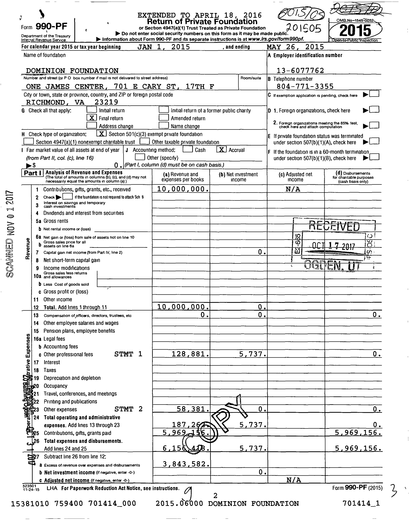 Image of first page of 2014 Form 990PF for Dominion Foundation