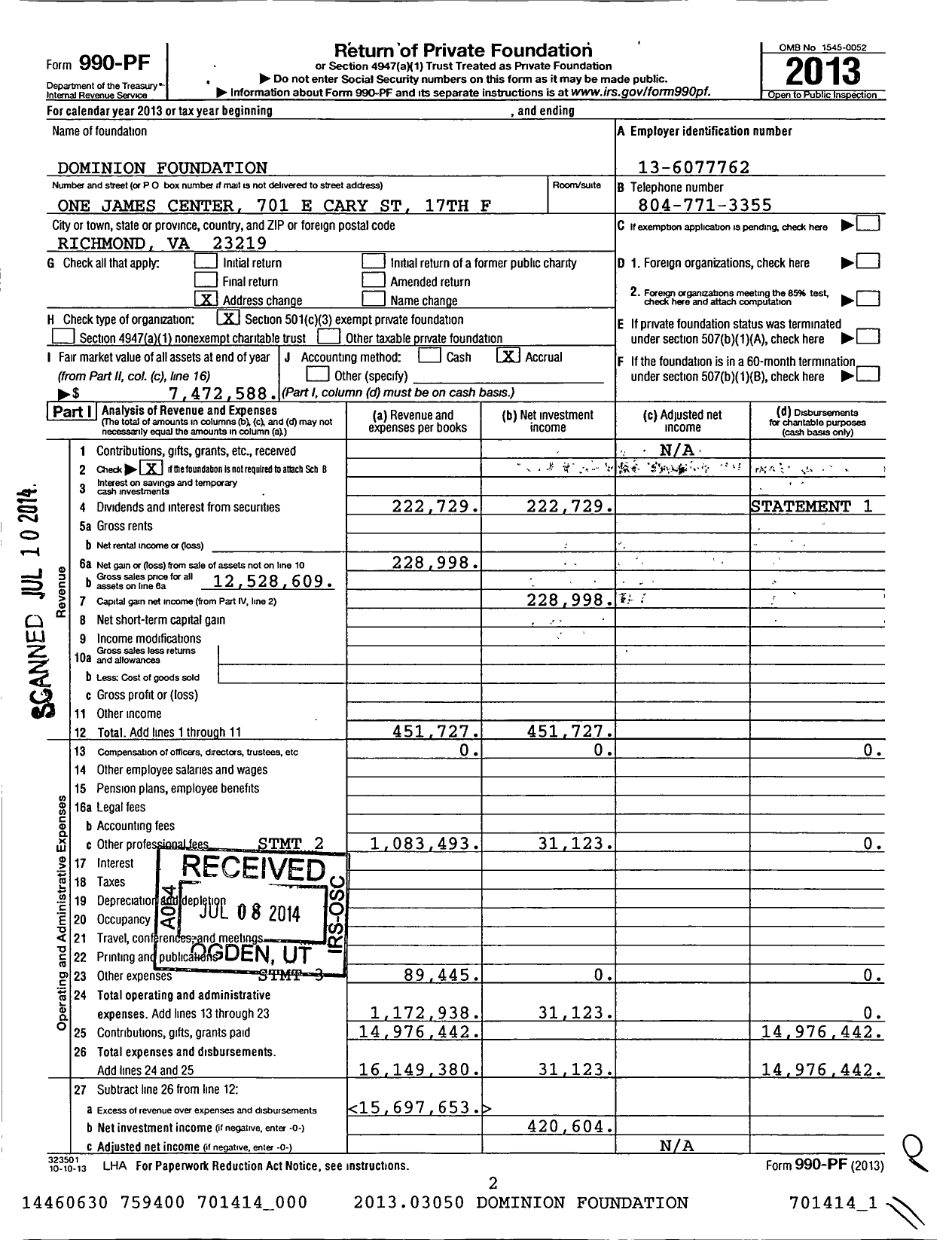 Image of first page of 2013 Form 990PF for Dominion Foundation