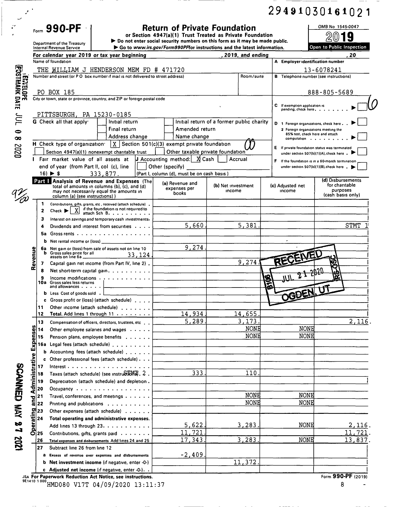 Image of first page of 2019 Form 990PF for The William J Henderson Mem FD # 471720