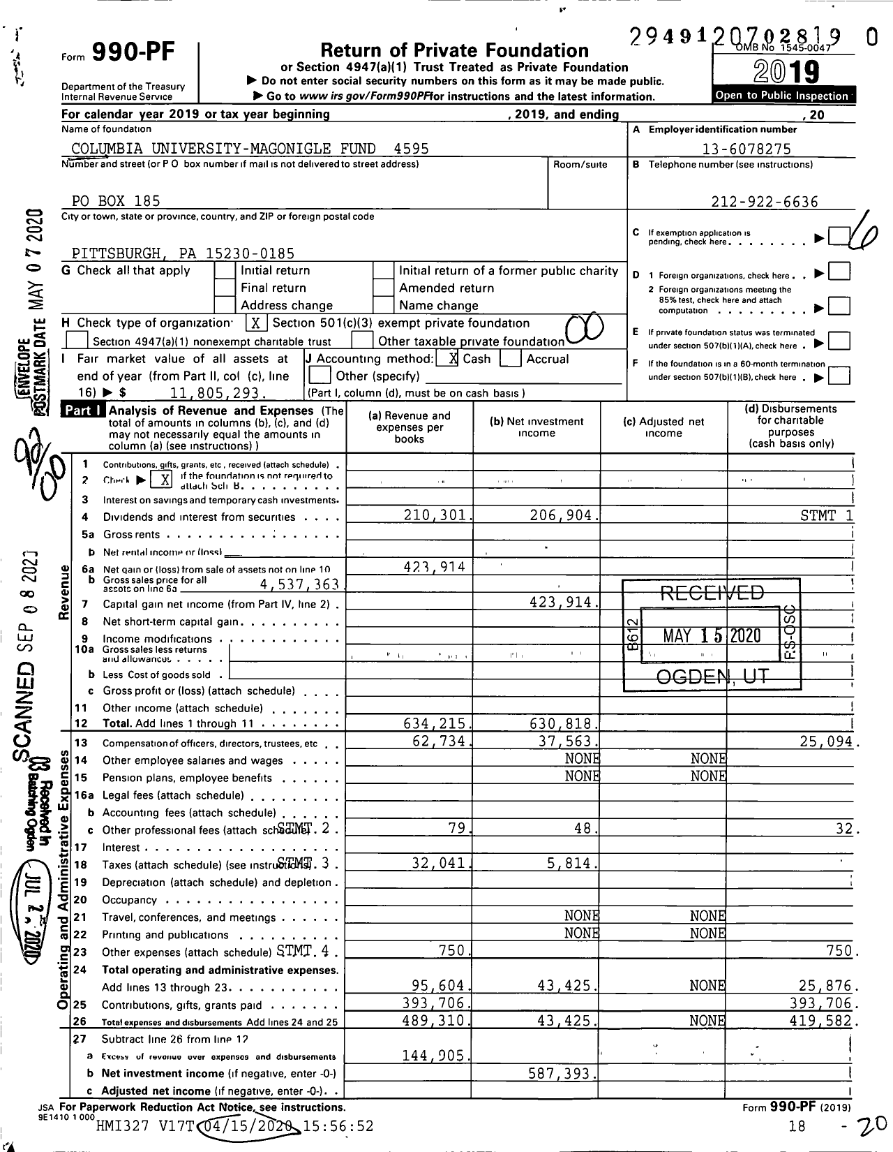 Image of first page of 2019 Form 990PR for Columbia University-Magonigle Fund 4595