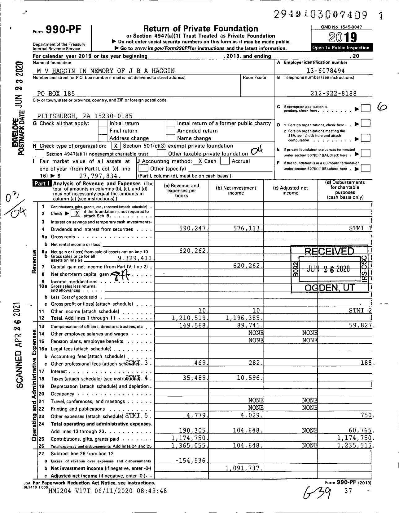 Image of first page of 2019 Form 990PF for M V Haggin in Memory of J B A Haggin