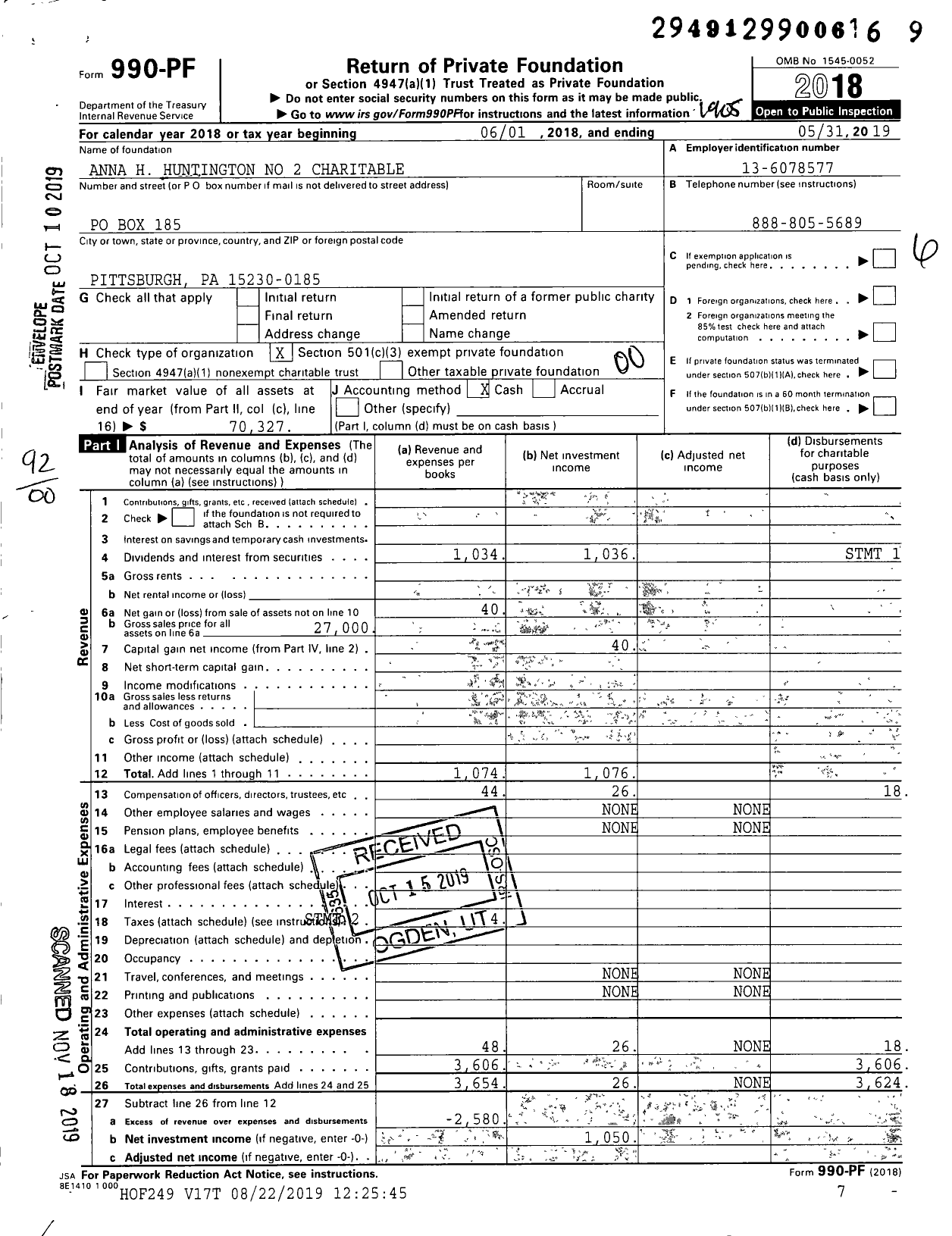 Image of first page of 2018 Form 990PF for Anna H Huntington No 2 Charitable