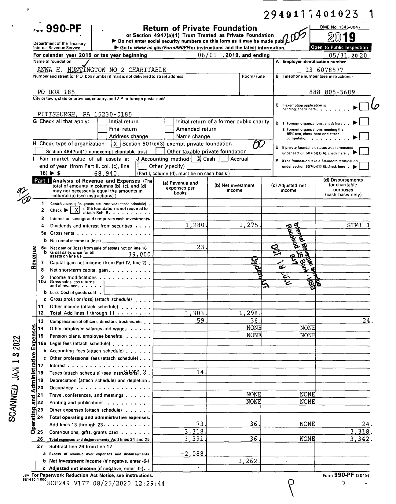 Image of first page of 2019 Form 990PF for Anna H Huntington No 2 Charitable