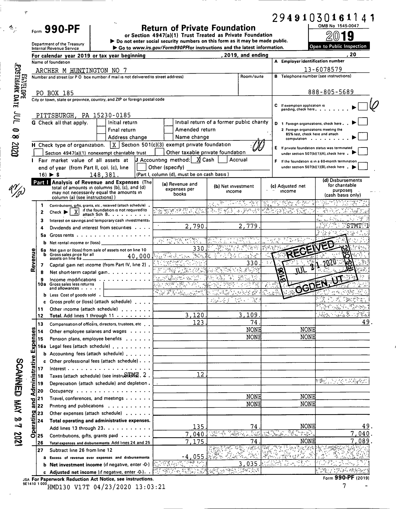 Image of first page of 2019 Form 990PF for Archer M Huntington No 7