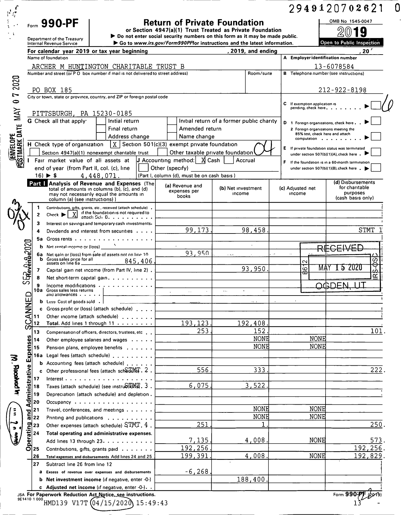 Image of first page of 2019 Form 990PR for Archer M Huntington Charitable Trust B