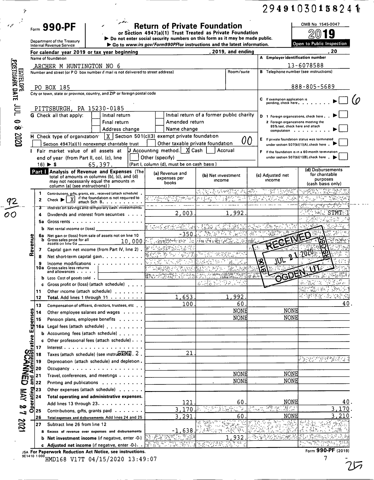 Image of first page of 2019 Form 990PF for ARCHER M HUNTINGTON no 6