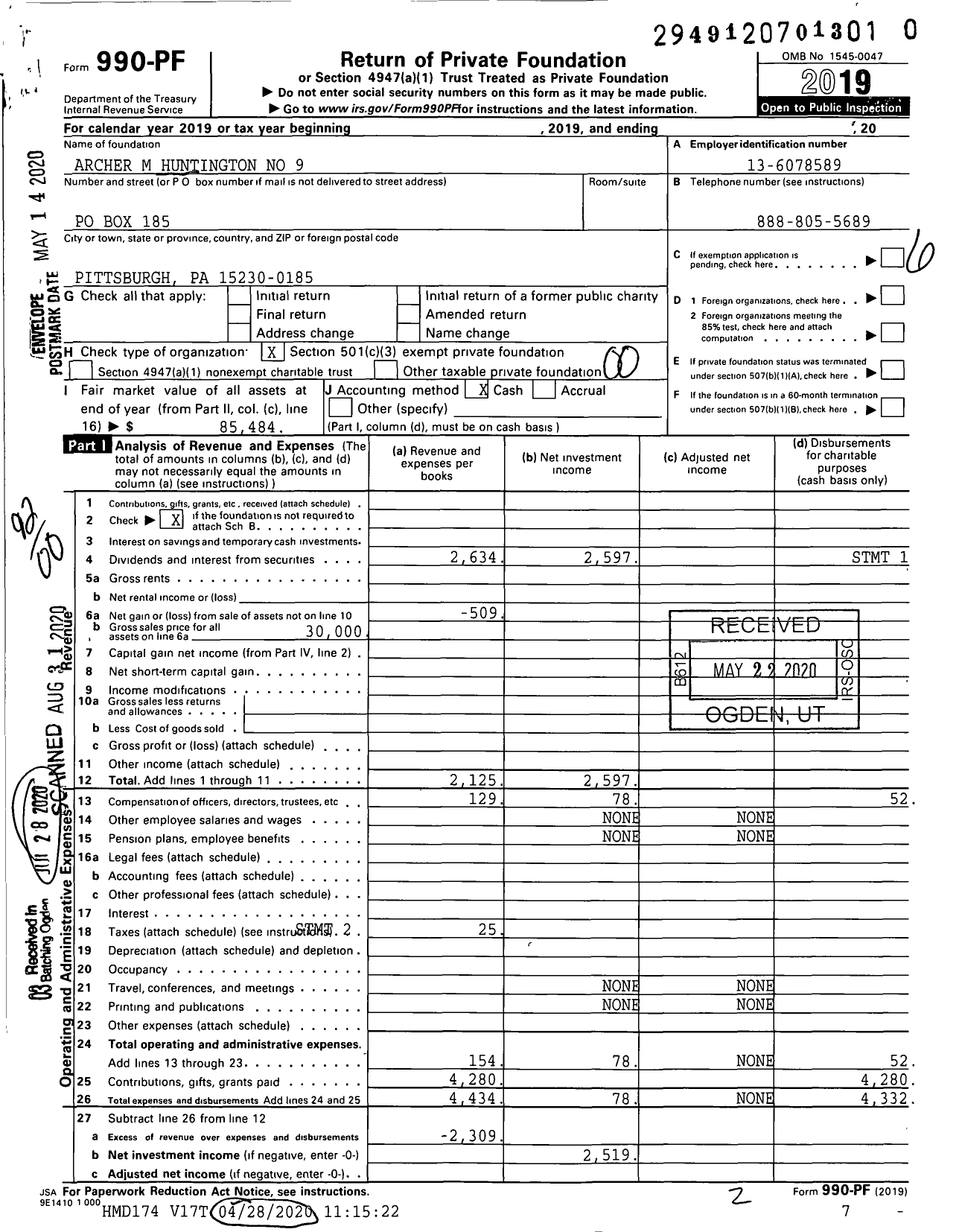 Image of first page of 2019 Form 990PR for Archer M Huntington No 9