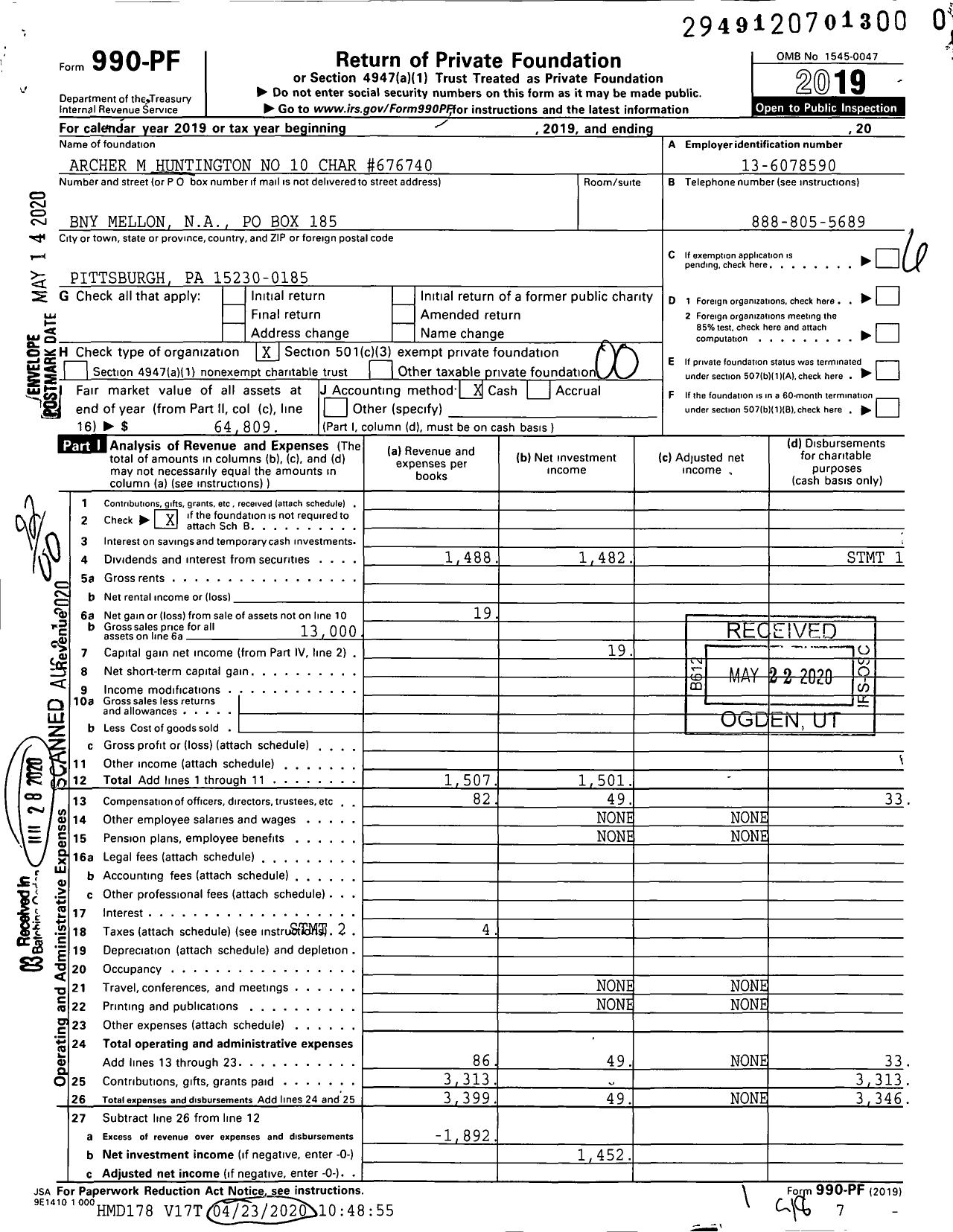 Image of first page of 2019 Form 990PR for Archer M Huntington No 10 Char #676740